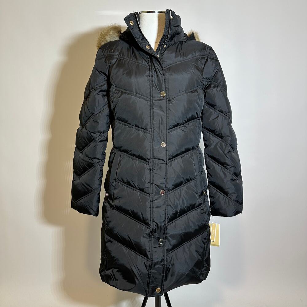 Michael Kors Black Long Quilted Down Coat with Fur-Trim Hood